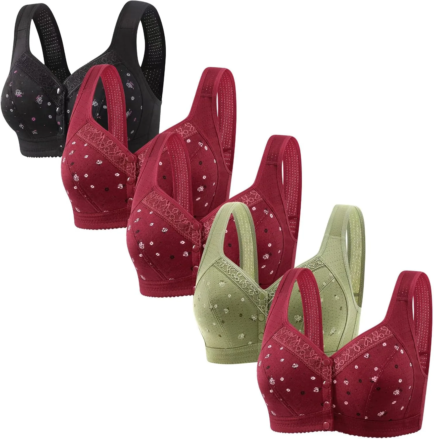 5Packs Women's Daisy Bra Front Closure Bralettes Sports Push Up Bras No Underwire High Support Front Snaps Underwear