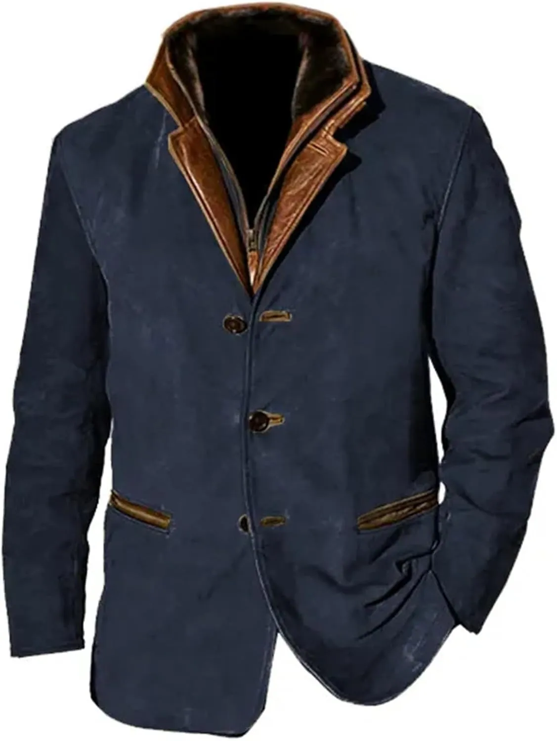 evzosrz Mens Western Jackets Fleece Vintage Faux Suede Leather Jacket 1/4 Zipper Button Winter Coat Casual Retro Outerwear