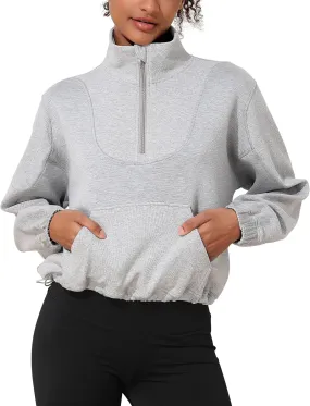 PrettyGuide Womens Scuba Cropped Half Zip Sweatshirt Pullover Stand Collar Ribbed Quarter Zip Hoodies with Pocket