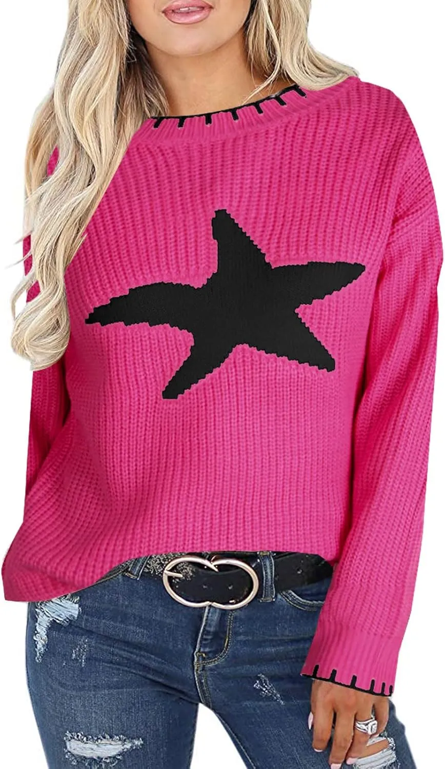 shermie Women's Star Graphic Knitted Pullover Sweaters Long Sleeve Crew Neck Casual Sweater