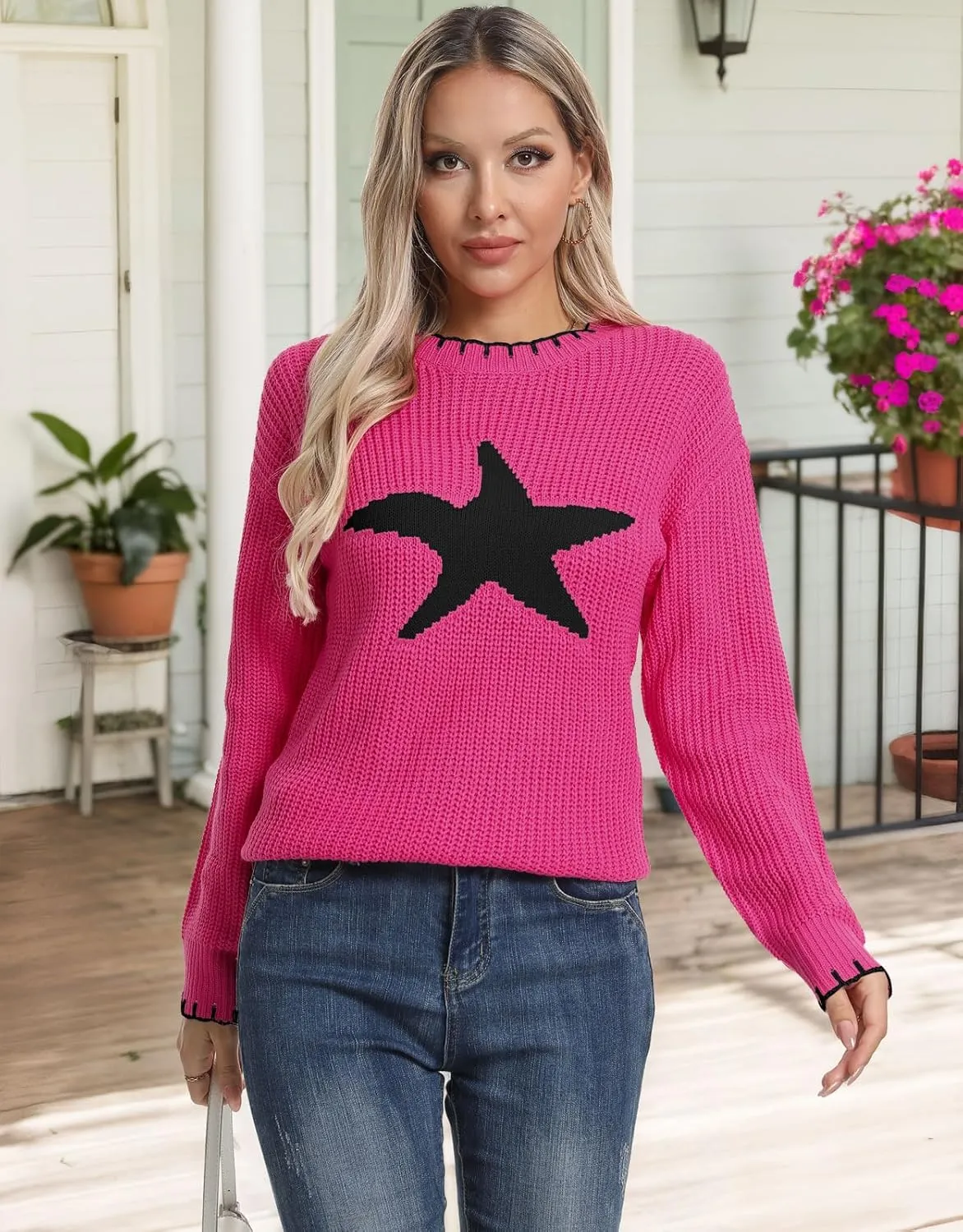 shermie Women's Star Graphic Knitted Pullover Sweaters Long Sleeve Crew Neck Casual Sweater