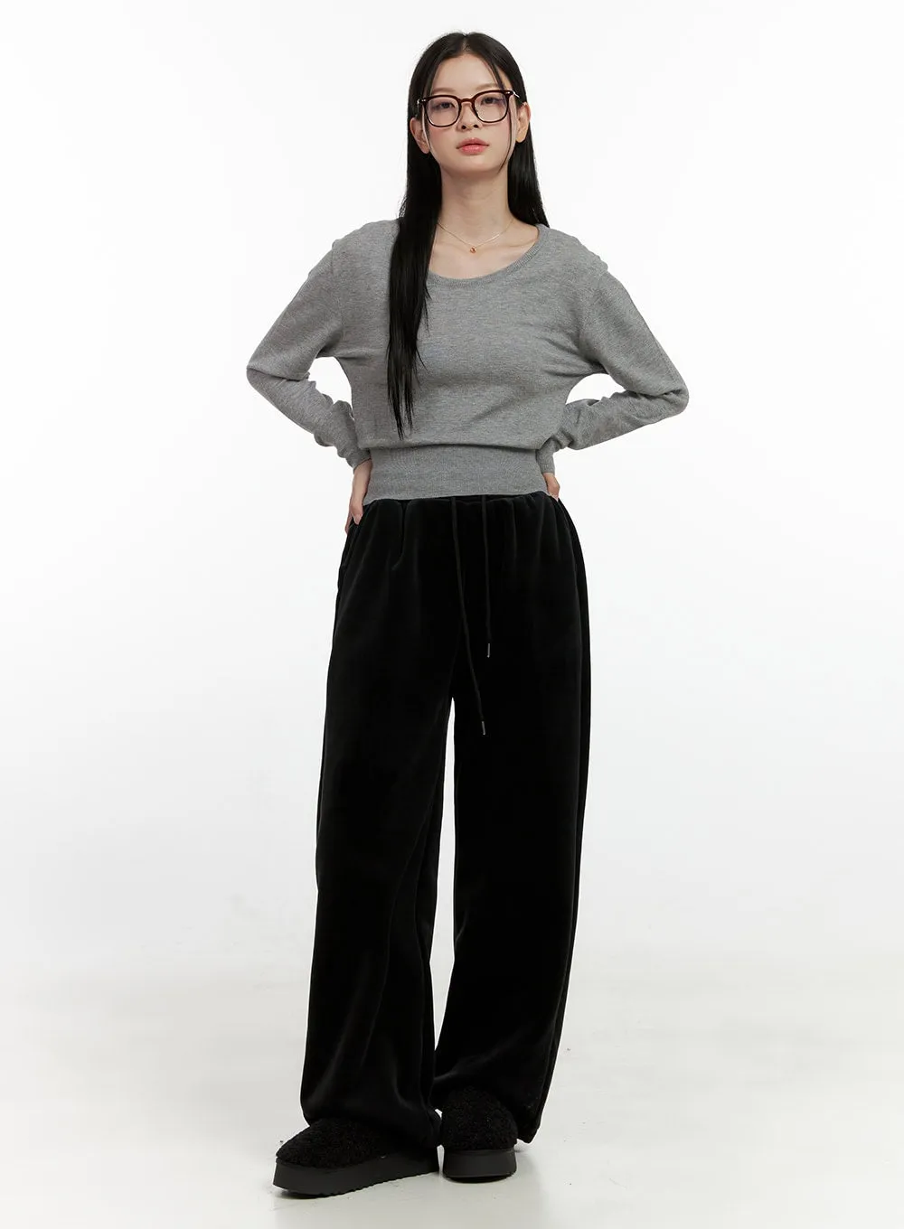 Velvet Drawstring Wide-Fit Sweatpants ON408
