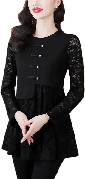 Women's Lace Office Button Shirts Retro Vintage Peplum Tops Blouses